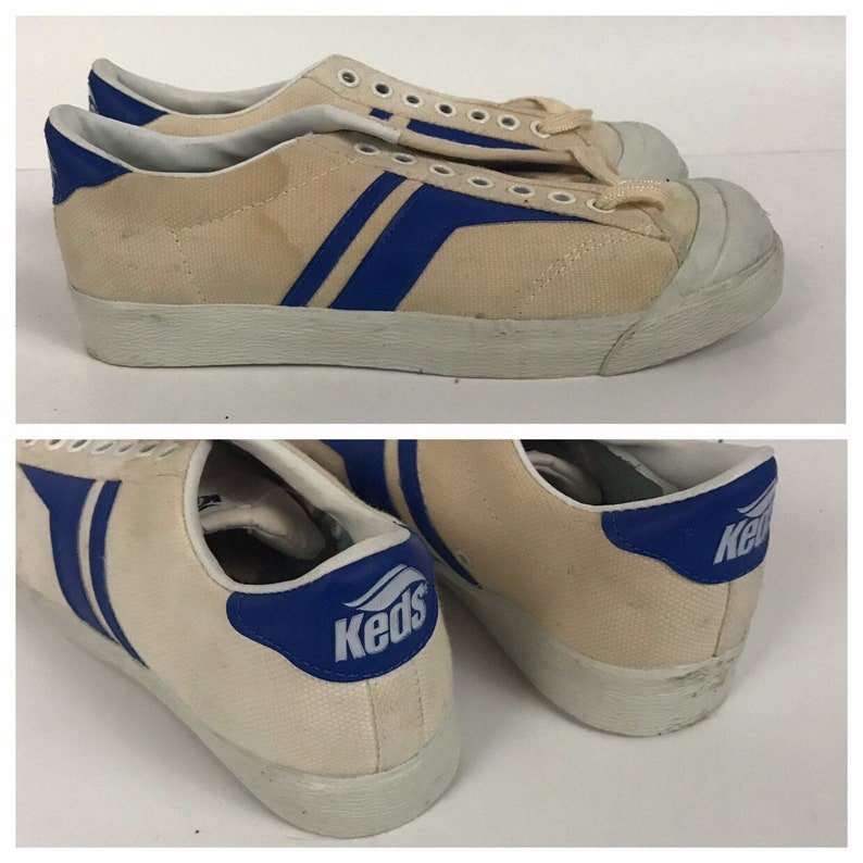 1980s Keds Tennis Shoes / White and Blue Lace up Cotton ...